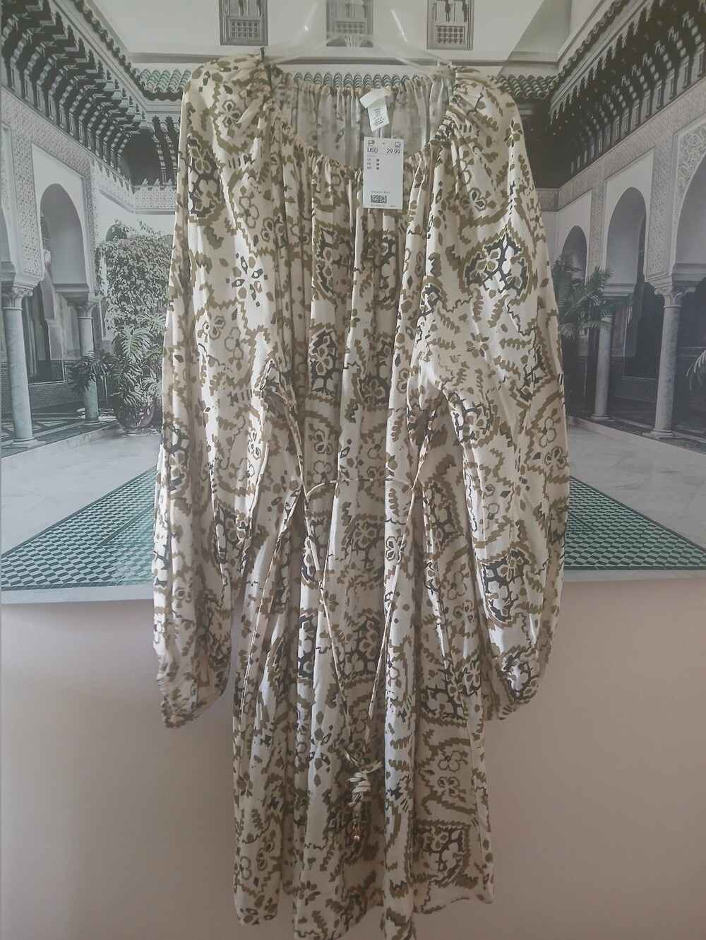 H&M Cream and Olive Patterned Midi Boho Dress
